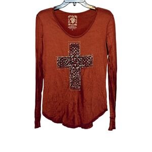 Y2K Velvet Stone Gothic Cross Top Womens Size S Grunge Rock Revival Ed Hardy Era